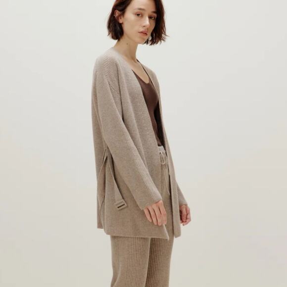 Neiwai V-Neck Wool Cashmere Blend Belted Cardigan Stucco Loose Fit (S) NWT - Picture 2 of 15